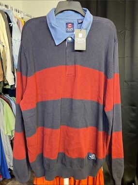Chaps Men’s Long-Sleeve Rugby Polo - Navy, Red & Light Blue Collar